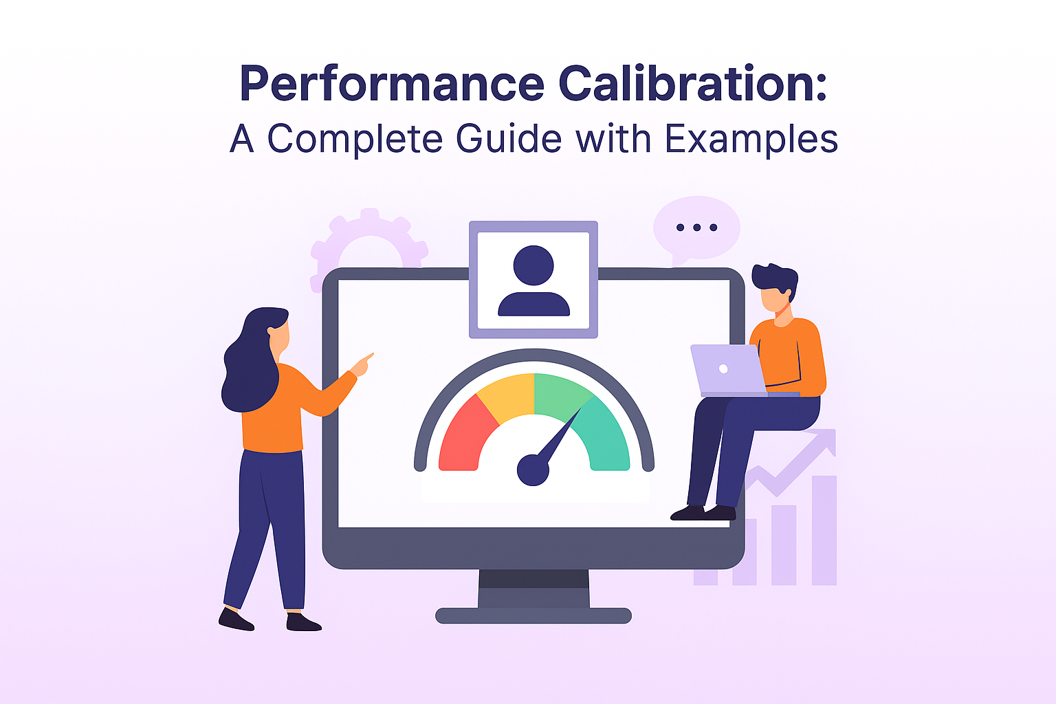 Flat-style digital illustration showing two people analyzing performance metrics on a large computer screen with a colorful gauge, symbolizing performance calibration. The background has a soft purple-to-white gradient with vector icons like gears and charts, representing teamwork, analytics, and employee evaluation.