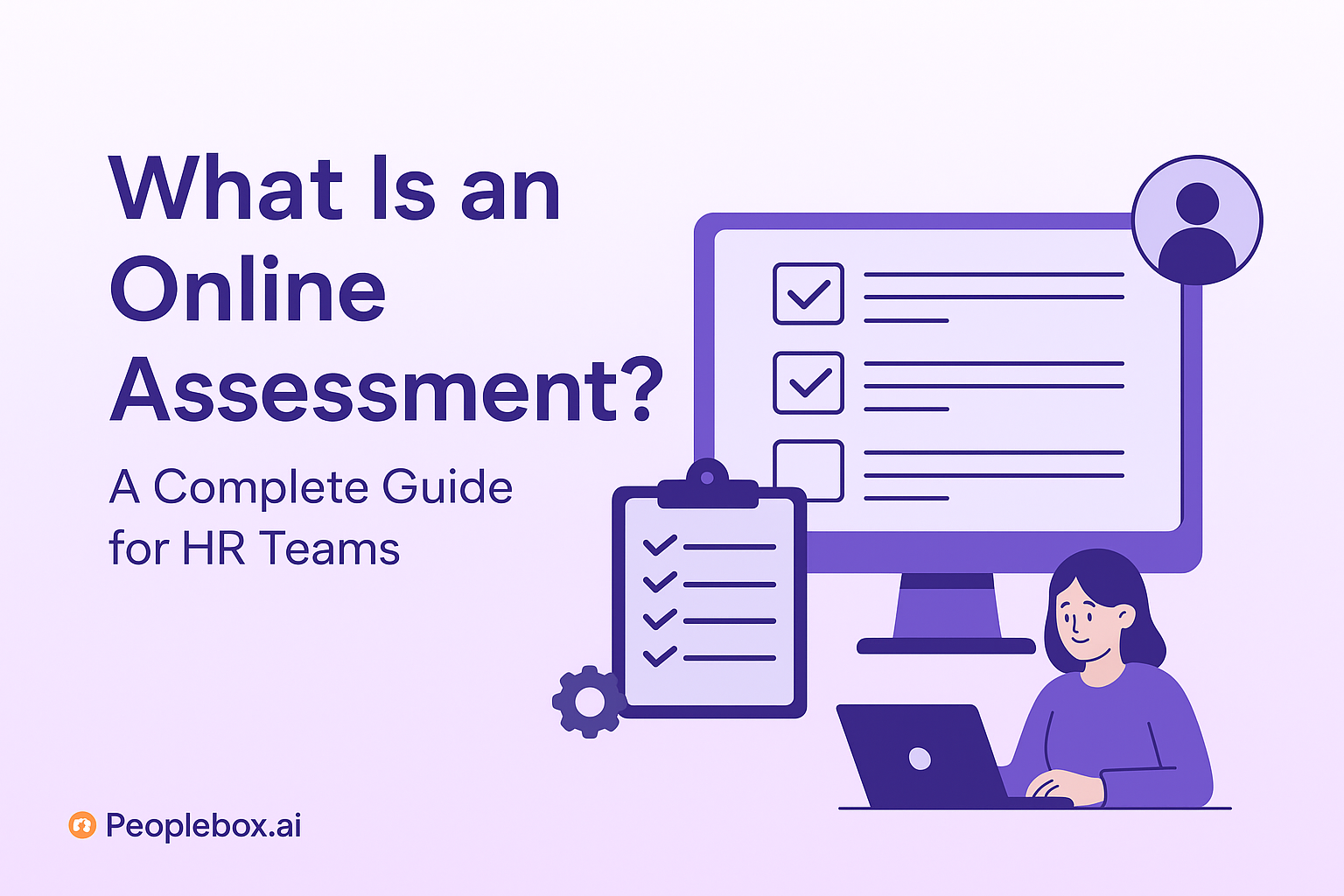 A flat-style digital illustration with a soft purple gradient background showing HR professionals using online assessment tools on laptops and dashboards, symbolizing AI-powered hiring, skill evaluation, and data-driven recruitment.