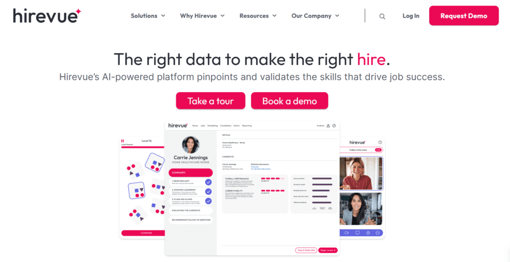 Screenshot of HireVue’s homepage featuring the headline ‘The right data to make the right hire.’ The page highlights HireVue’s AI-powered interview platform with options to ‘Take a tour’ or ‘Book a demo.’ Below the text, interface previews show candidate profiles, analytics dashboards, and video interview screens.