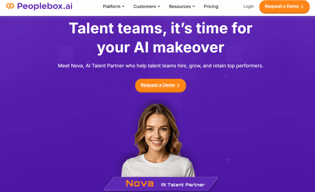 A purple-themed hero section from the Peoplebox.ai website featuring Nova, an AI Talent Partner. The banner headline reads, “Talent teams, it’s time for your AI makeover.” Below it, a smiling woman represents Nova, with buttons inviting visitors to request a demo of Peoplebox.ai’s AI-powered hiring platform.
