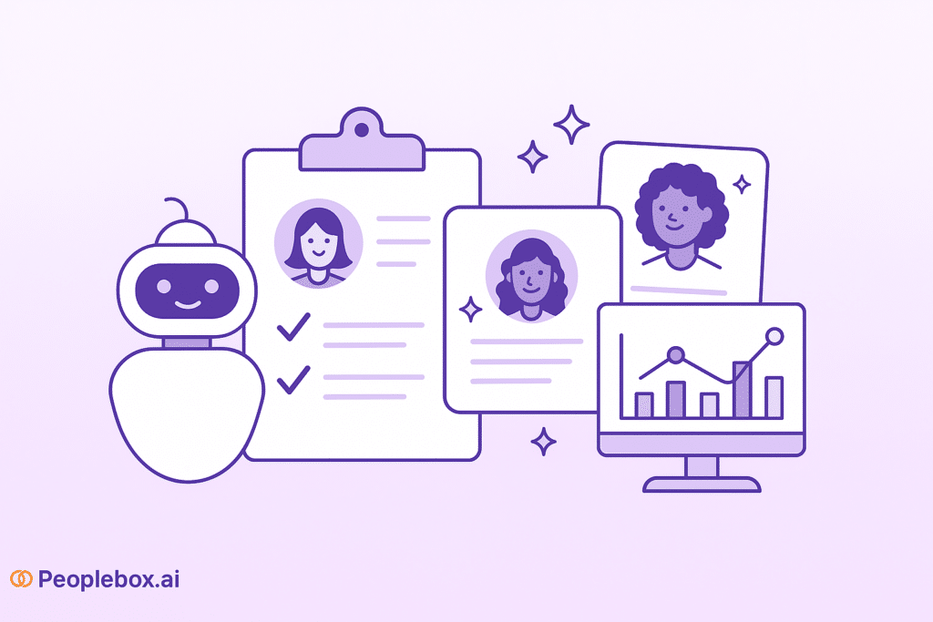 Illustration of an AI screening tool with a friendly robot, candidate profile cards, checklists, and analytics dashboard on a purple gradient background, representing automated resume screening and AI-powered hiring.