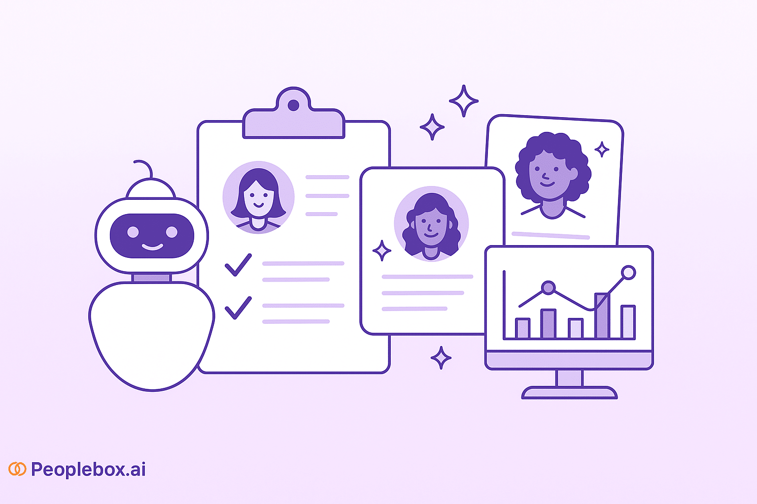 Illustration of an AI screening tool with a friendly robot, candidate profile cards, checklists, and analytics dashboard on a purple gradient background, representing automated resume screening and AI-powered hiring.