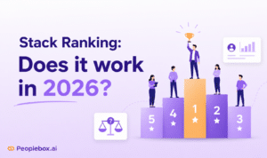Stack ranking illustration showing employees ranked on a leaderboard with podium positions, highlighting performance comparison and evaluation in 2026
