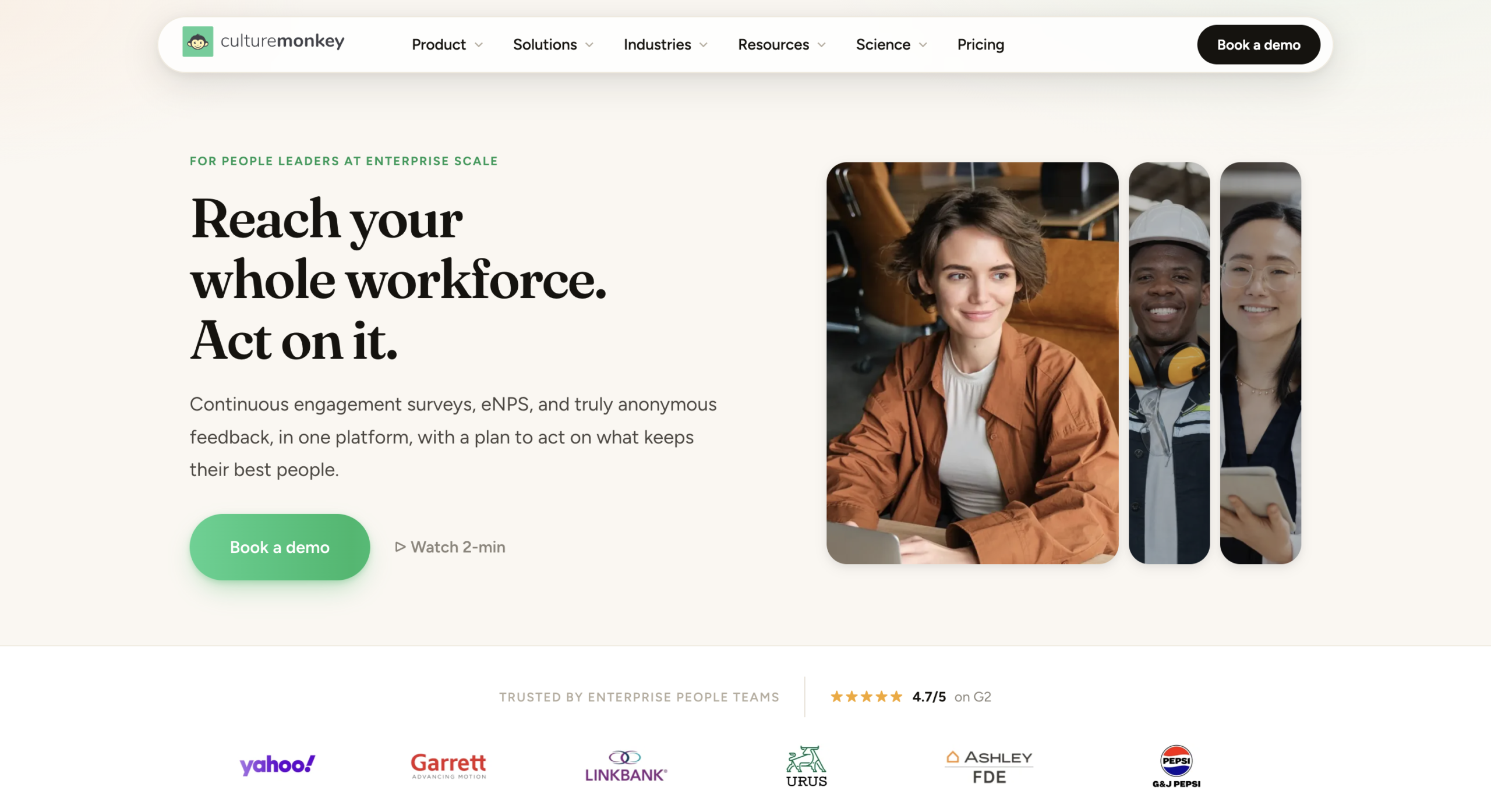 CultureMonkey homepage showing enterprise employee engagement platform with 4.7 G2 rating and logos of Yahoo, Garrett, Pepsi, and Ashley FDE