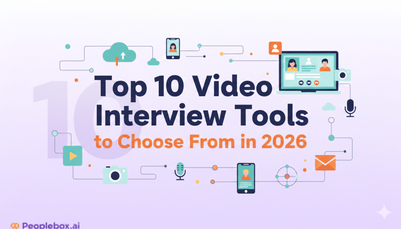 Graphic for "Top 10 Video Interview Tools to Choose From in 2026" featuring a connected network of communication icons and devices.