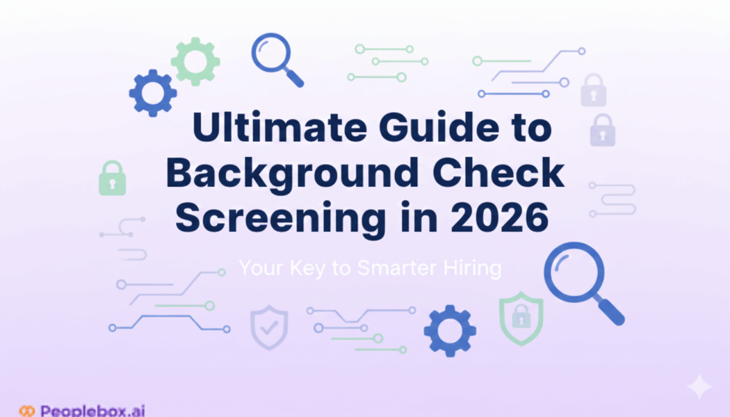 A digital illustration featuring the blog title 'Ultimate Guide to Background Check Screening in 2026' centered among vector icons representing security, technology, and investigation, including magnifying glasses, gears, circuit board lines, and padlocks.