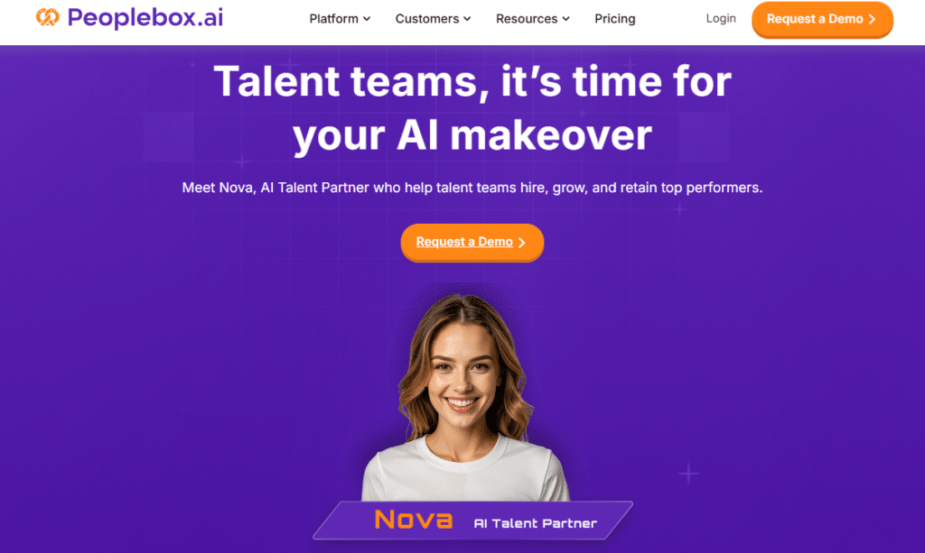 Peoplebox.ai homepage showing headline “Talent teams, it's time for your AI makeover,” a call-to-action button “Request a Demo,” and an image of Nova, the AI Talent Partner, on a purple background.