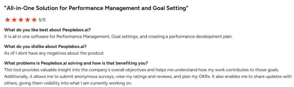 “G2 review highlighting Peoplebox.ai as an all-in-one performance management and goal-setting solution with 5-star rating.”