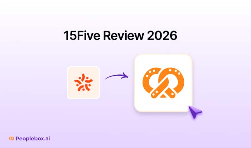 15Five Review 2026 featured image with 15Five logo transitioning toward Peoplebox.ai logo on a purple gradient background, representing comparison and alternatives.