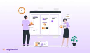 Employees collaborating on performance dashboard with feedback, goal tracking, and continuous performance management insights
