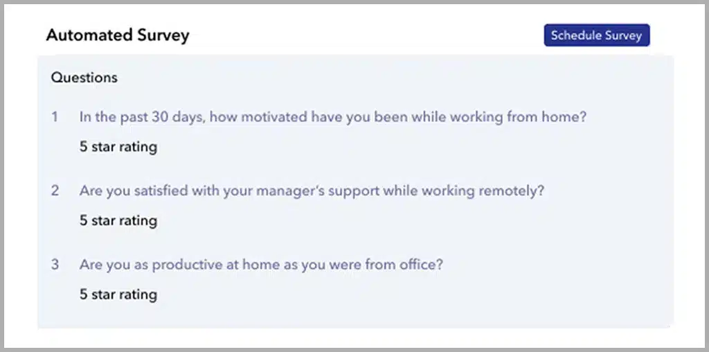 Automated employee survey interface displaying three questions about remote work motivation, manager support, and productivity, each rated on a 5-star scale.