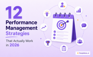 Performance management strategies illustration featuring goal tracking, employee development, feedback, analytics, and performance planning for 2026 with Peoplebox.ai branding