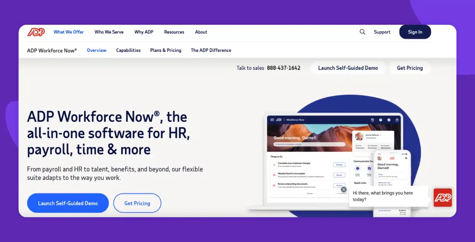 ADP Workforce Now homepage highlighting its all-in-one HR, payroll, and time management software with demo and pricing options.