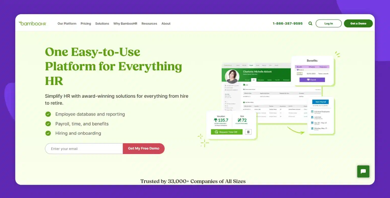 BambooHR homepage highlighting an all-in-one HR platform with features like employee database, payroll, benefits, and onboarding, alongside a demo signup section.