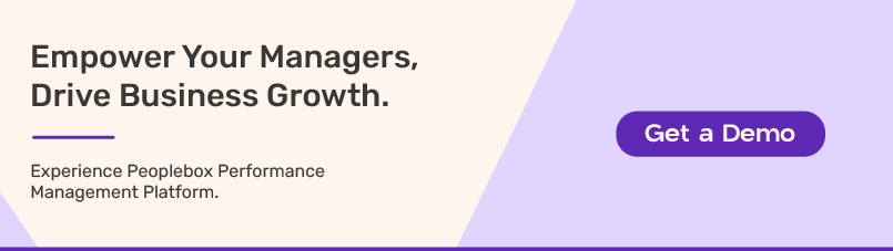 Banner with the text "Empower Your Managers, Drive Business Growth" promoting the Peoplebox Performance Management Platform, featuring a purple "Get a Demo" button on the right.