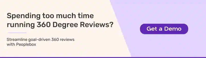 Banner promoting Peoplebox's 360-degree review tool with the message "Spending too much time running 360 Degree Reviews?" and a call-to-action button labeled "Get a Demo.