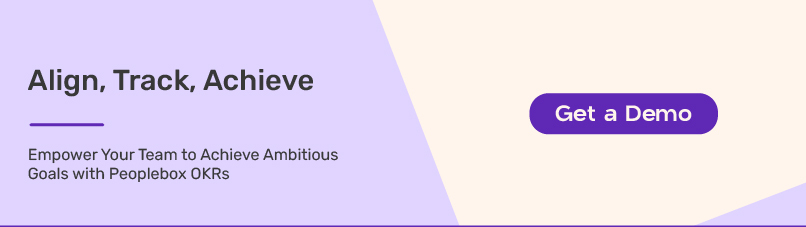  Banner with the message "Align, Track, Achieve" promoting Peoplebox OKRs to help teams achieve ambitious goals, featuring a "Get a Demo" button.