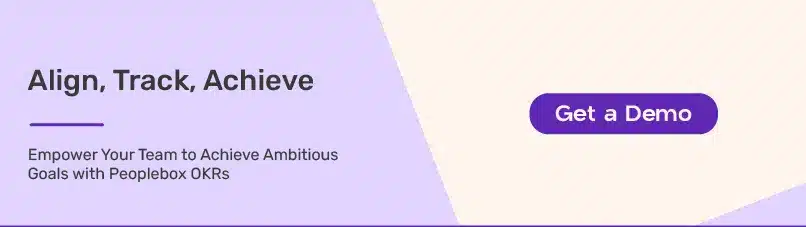 Banner with the text "Align, Track, Achieve" promoting Peoplebox OKRs, encouraging teams to achieve ambitious goals, with a "Get a Demo" button on the right.