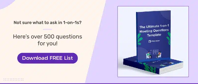 The Ultimate 1-on-1 Meeting Questions List Banner promoting a downloadable list of over 500 questions for 1-on-1 meetings, featuring a call-to-action button "Download FREE List" and an image of a blue booklet titled "The Ultimate 1-on-1 Meeting Questions Template" by Peoplebox.