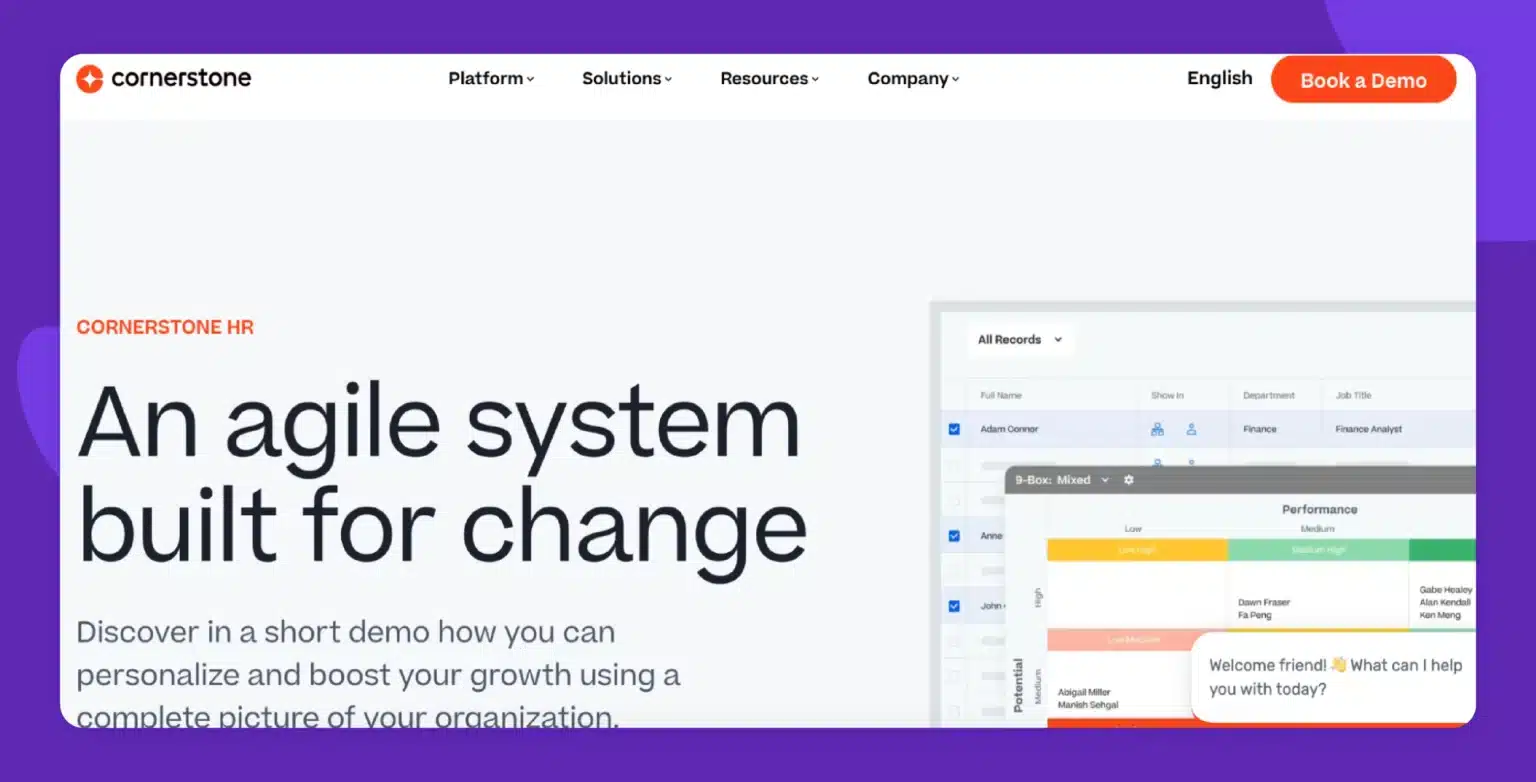Cornerstone HR webpage promoting an agile HR system with demo invitation, showcasing a performance and employee record interface.