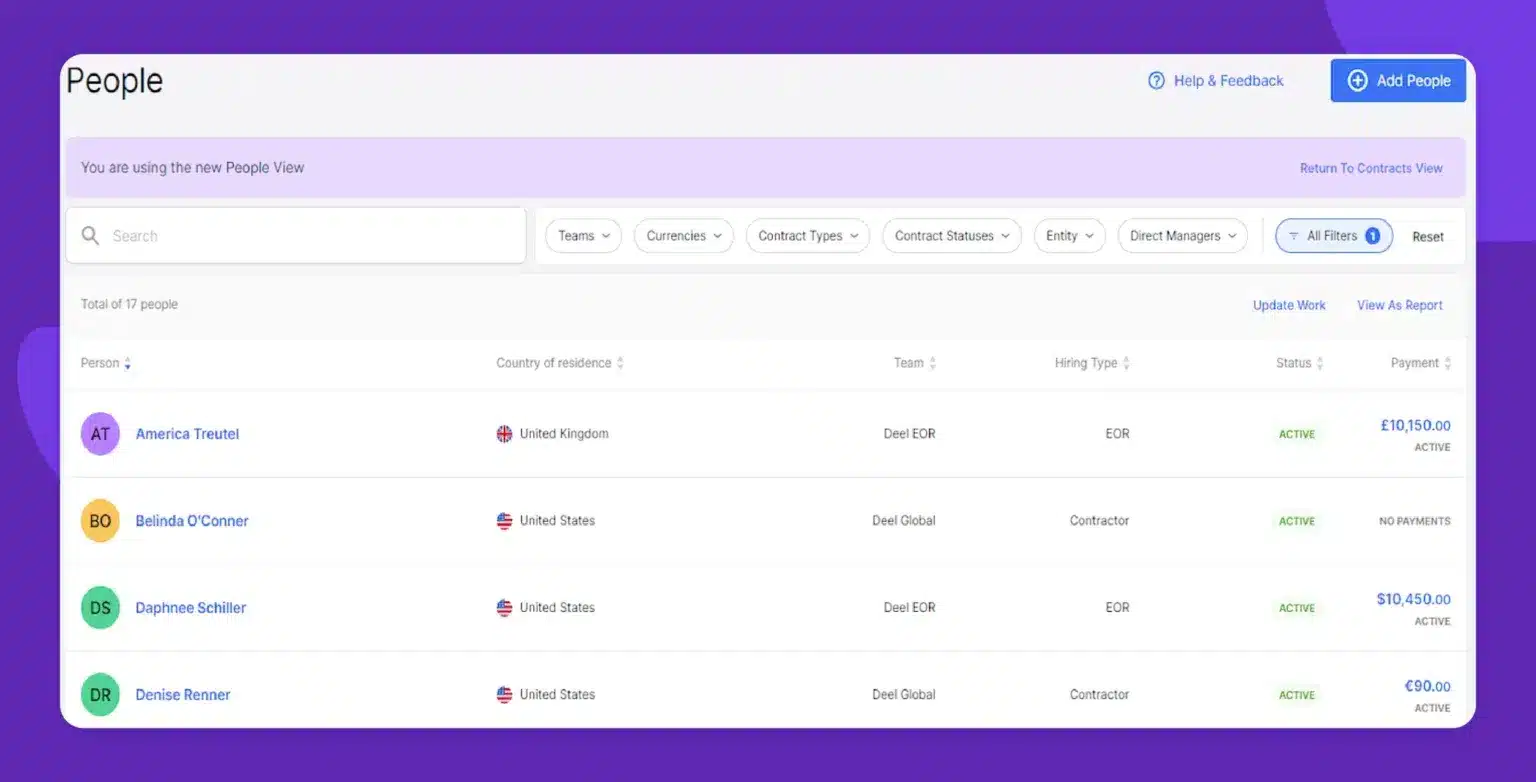 Interface displaying a list of people with details such as name, country of residence, team, hiring type, status, and payment information.