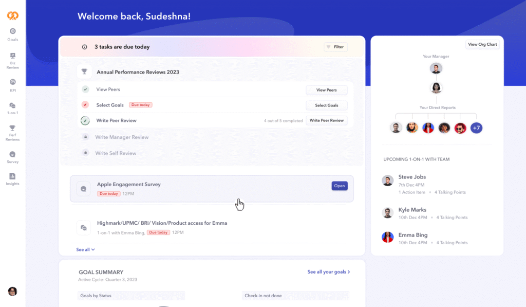 Workplace performance management dashboard with a welcome message to "Sudeshna," showing a list of tasks due today, including "Annual Performance Reviews 2023," "Apple Engagement Survey," and a 1-on-1 meeting. A sidebar on the right displays an organizational chart, direct reports, and upcoming 1-on-1 meetings with team members.