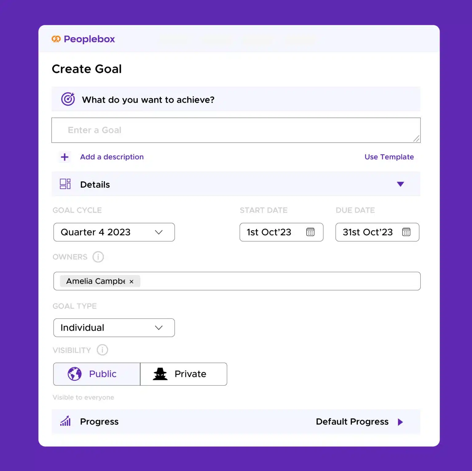 Use Peoplebox for effective goal-setting Screenshot of the Peoplebox goal-setting interface with fields to enter a goal, add a description, select goal cycle (Quarter 4 2023), and specify start and due dates.