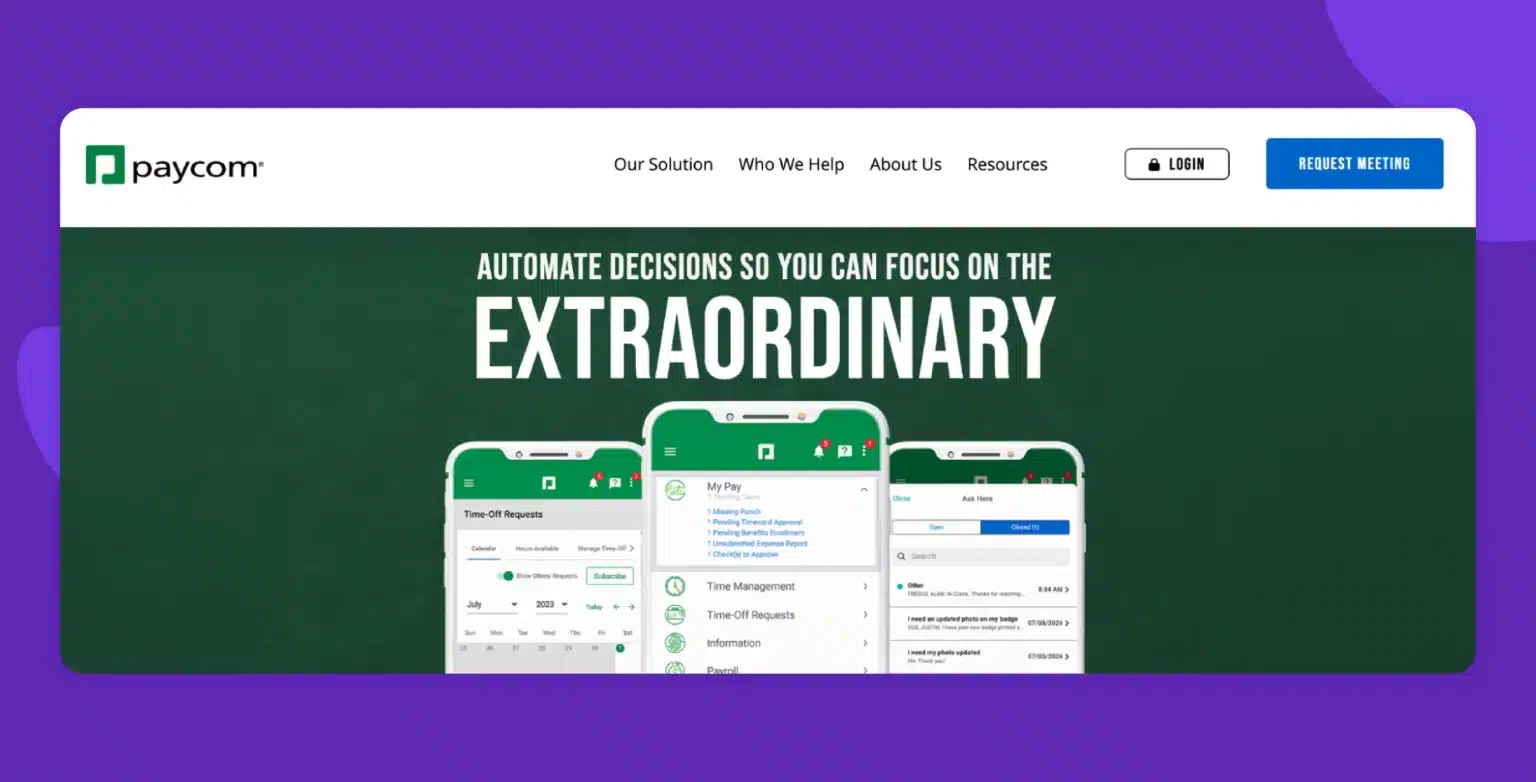 Paycom website homepage featuring the tagline 'Automate decisions so you can focus on the extraordinary' and showcasing their mobile app interface.