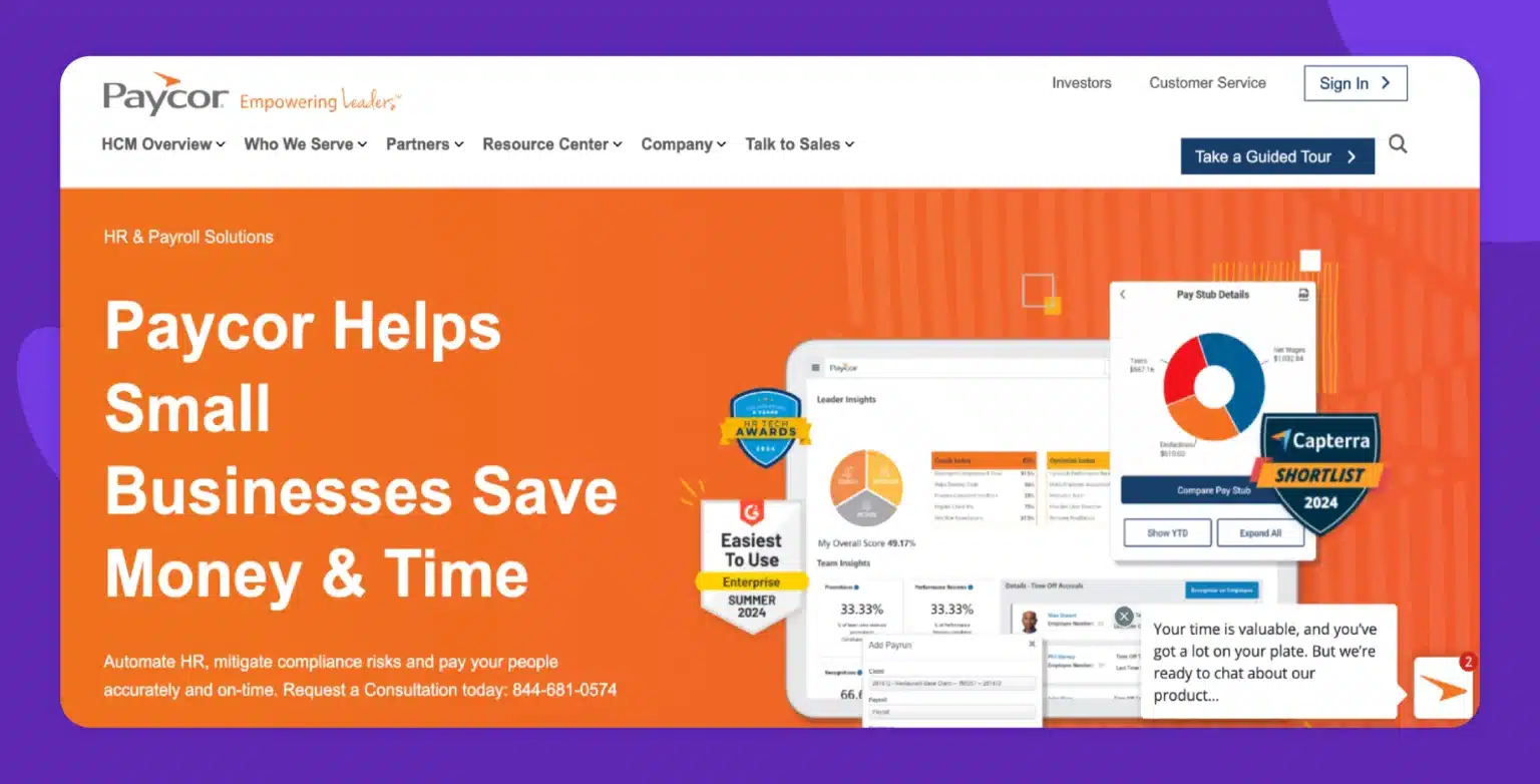 Paycor website homepage highlighting its HR and payroll solutions for small businesses. The screen shows a bold headline “Paycor Helps Small Businesses Save Money & Time” on an orange background, with a preview of dashboards and insights on the right. It features award badges from G2 and Capterra for ease of use and inclusion in the 2024 shortlist.