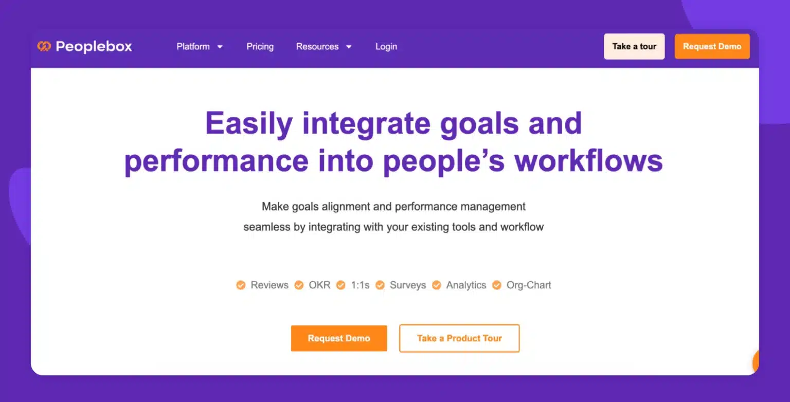 Peoplebox homepage featuring a bold headline about integrating goals and performance into workflows, with call-to-action buttons for demo and product tour.