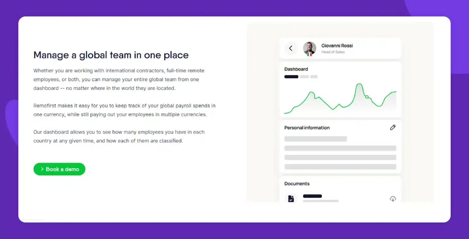 Remofirst platform interface showing a dashboard for managing a global team, with a profile of Giovanni Rossi and sections for dashboard analytics, personal information, and documents.