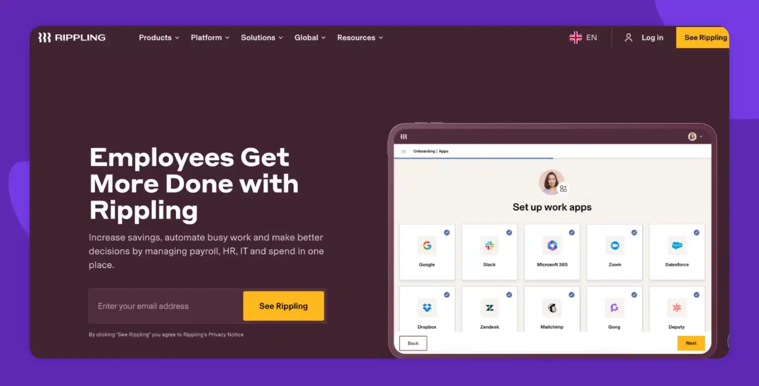 Rippling website homepage with the headline 'Employees Get More Done with Rippling' and a visual of their platform for managing HR, IT, and payroll in one place.