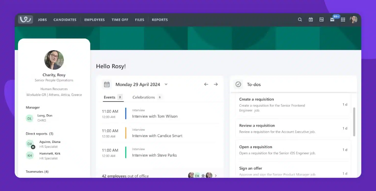 HR management dashboard showing an employee profile (Charity, Rosy), a calendar view for Monday, April 29, 2024, with scheduled interviews, and a 'To-dos' list including requisition and offer management.