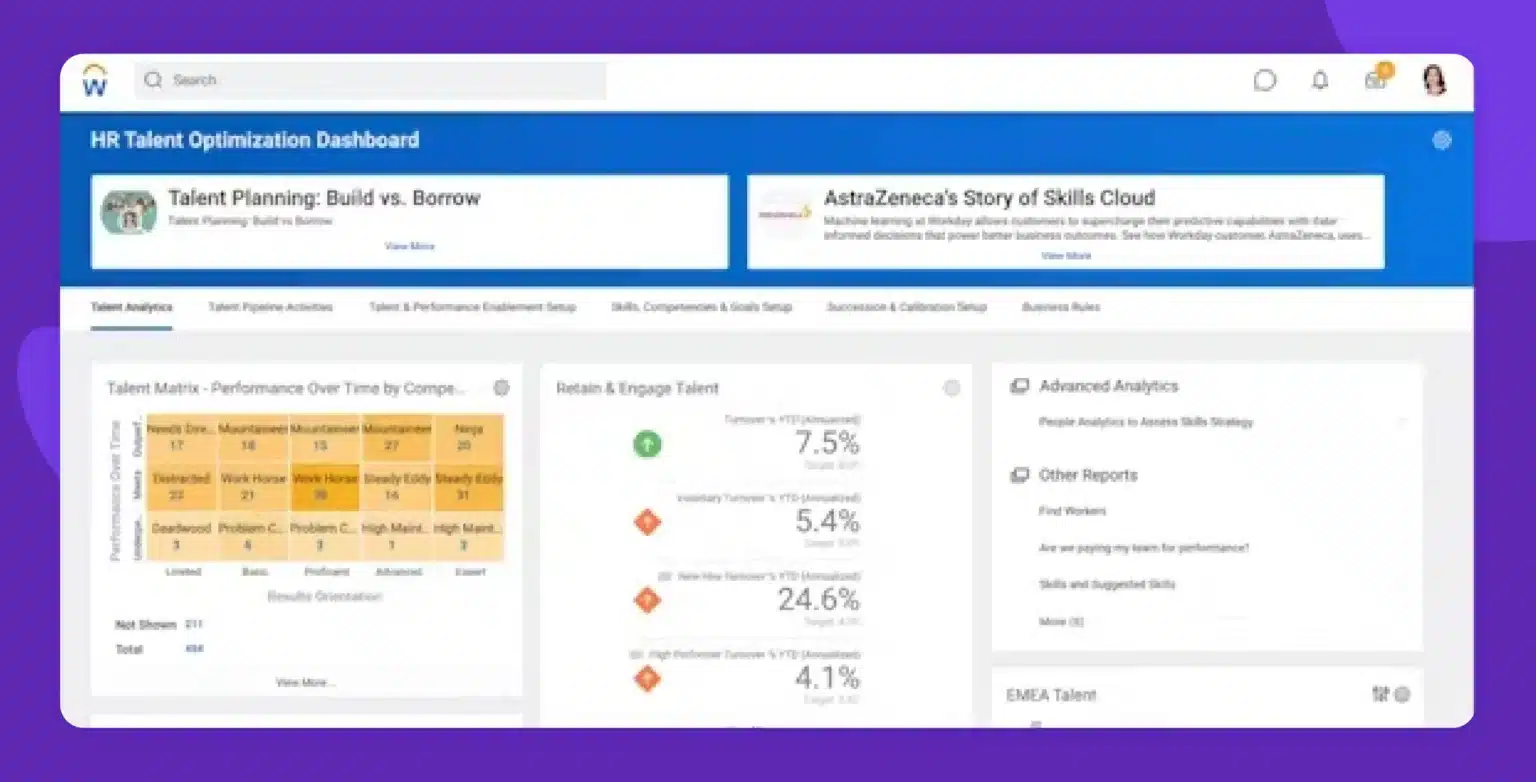 Workday HR Talent Optimization Dashboard displaying talent analytics, performance matrix, retention metrics, and advanced people analytics tools.
