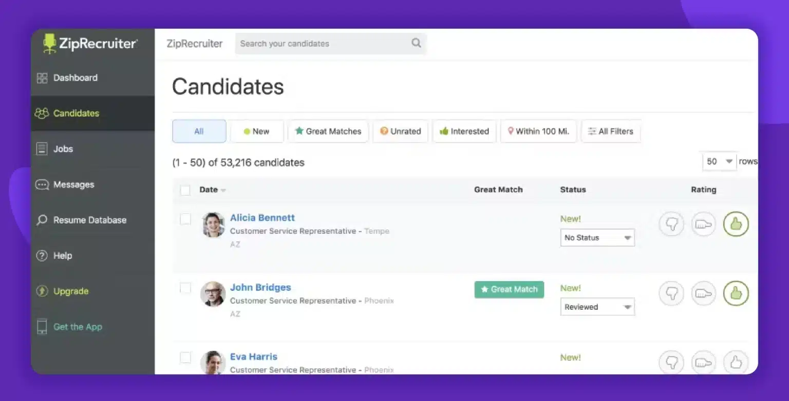 ZipRecruiter candidate dashboard showing a list of over 53,000 applicants. Filters like “New,” “Great Matches,” “Interested,” and “Within 100 Mi.” are available at the top. Candidate entries display names, locations, roles (e.g., Customer Service Representative), and options to rate or update status.