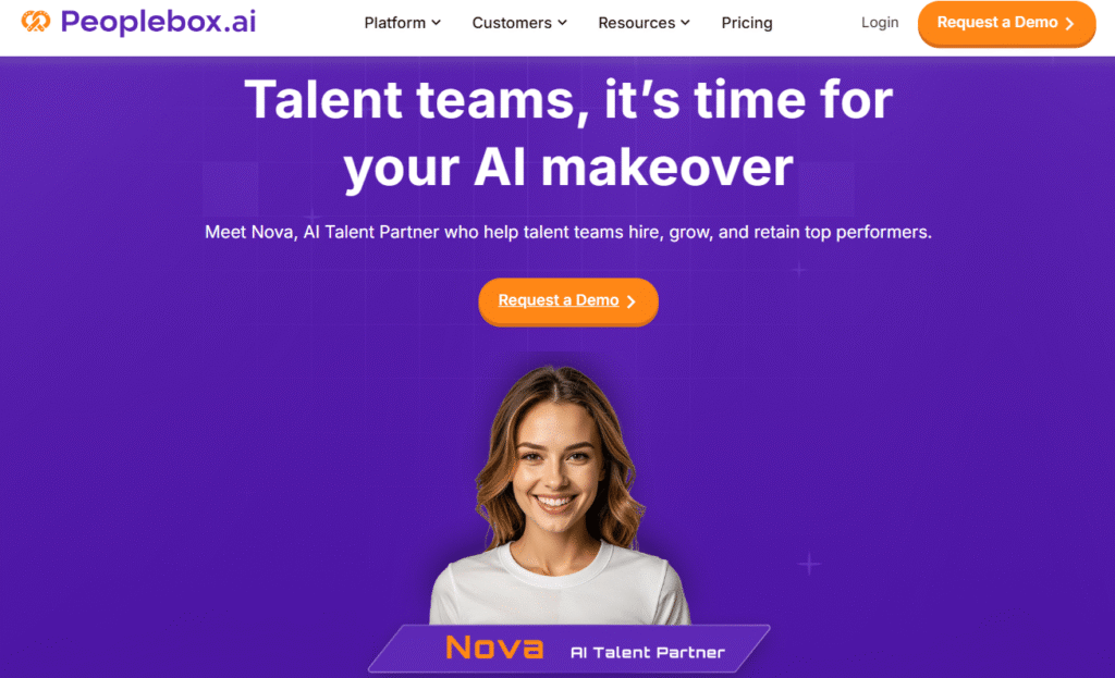 A purple-themed hero section from the Peoplebox.ai website featuring Nova, an AI Talent Partner. The banner headline reads, “Talent teams, it’s time for your AI makeover.” Below it, a smiling woman represents Nova, with buttons inviting visitors to request a demo of Peoplebox.ai’s AI-powered hiring platform.