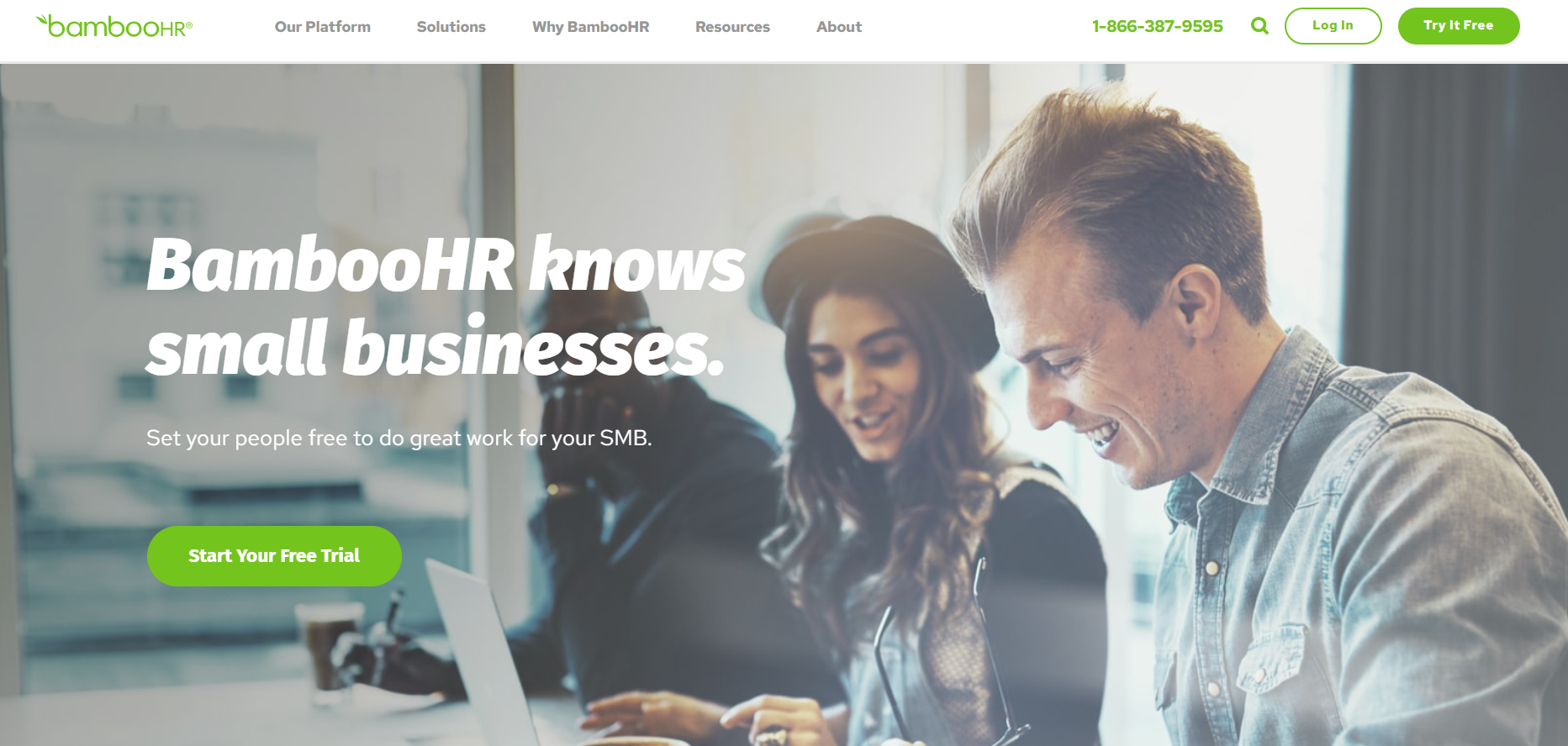 BambooHR website homepage featuring tagline 'BambooHR knows small businesses' with smiling professionals working together on laptops and a button that says 'Start Your Free Trial'.