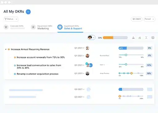A digital employee performance review interface showing an annual review for an employee named Jessica Robbins. The screen displays her profile picture, review category, and progress indicators for tasks like “Get Certification” and “Complete Project.” A young woman with short brown hair is smiling confidently in the foreground, and playful space-themed icons like a rocket and planet are used in the design.