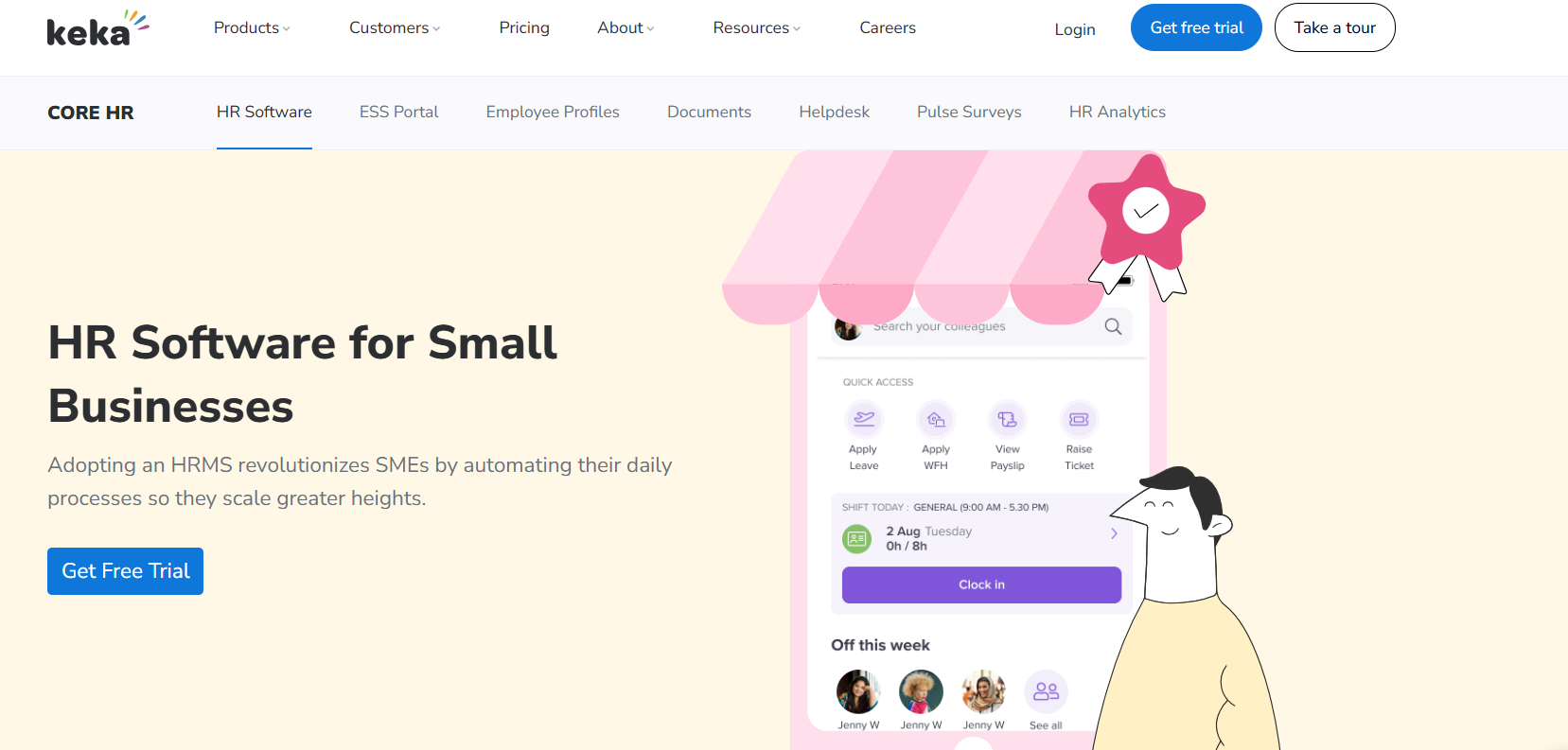 Keka HR software website homepage highlighting 'HR Software for Small Businesses' with illustration of a person and a mobile screen showing HR features, plus a 'Get Free Trial' button