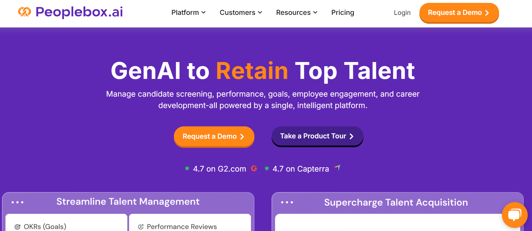 Peoplebox.ai homepage highlighting the platform’s core message: “GenAI to Retain Top Talent,” with options to request a demo or take a product tour, showcasing features like performance, goals, and employee engagement management.