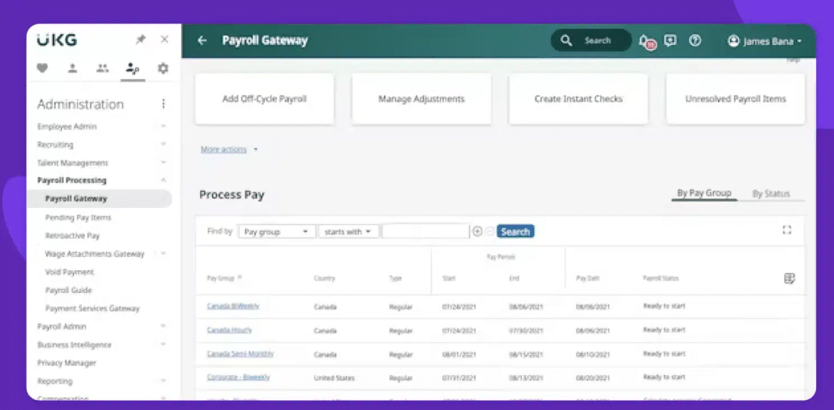 UKG Payroll Gateway interface showing payroll processing options, including off-cycle payroll, adjustments, and instant checks, with a list of pay groups and payroll statuses.