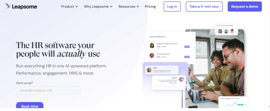 Leapsome homepage featuring tagline “The HR software your people will actually use,” with visuals of an AI-powered HR dashboard and a team collaborating at a desk.