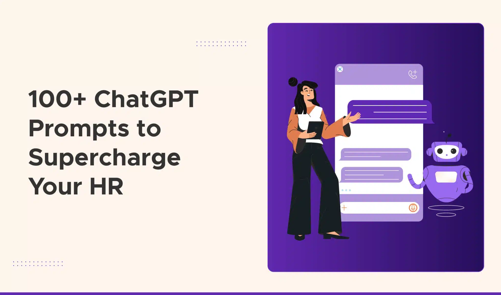 Illustration promoting 100+ ChatGPT prompts for HR professionals, featuring an AI chatbot, chat interface, and HR manager using generative AI for HR tasks.