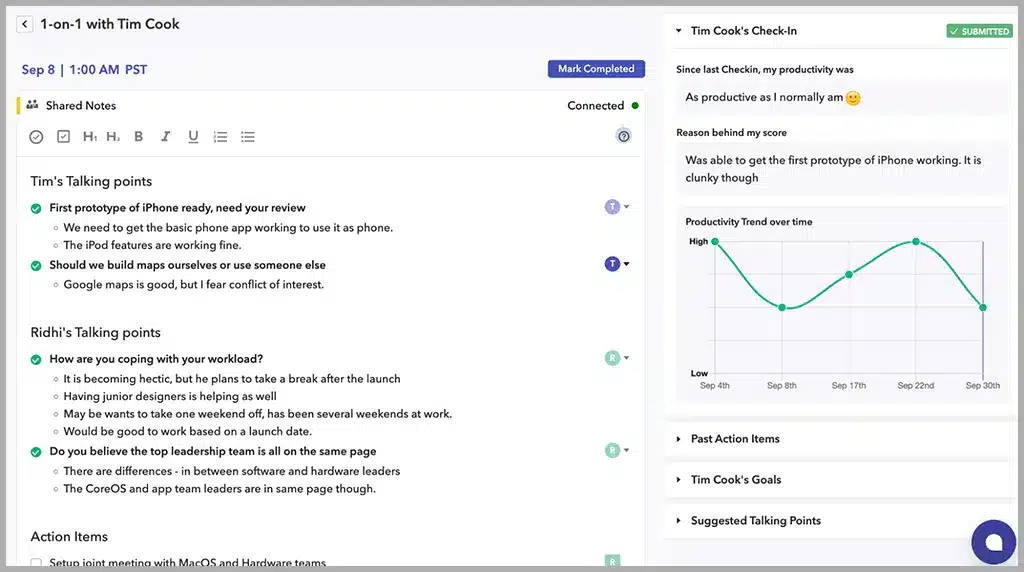 Weekly check-in on Peoplebox performance management platform Dashboard view of a 1-on-1 meeting with Tim Cook showing shared notes, talking points, and a productivity trend chart. Talking points include discussion on iPhone prototype and team alignment.