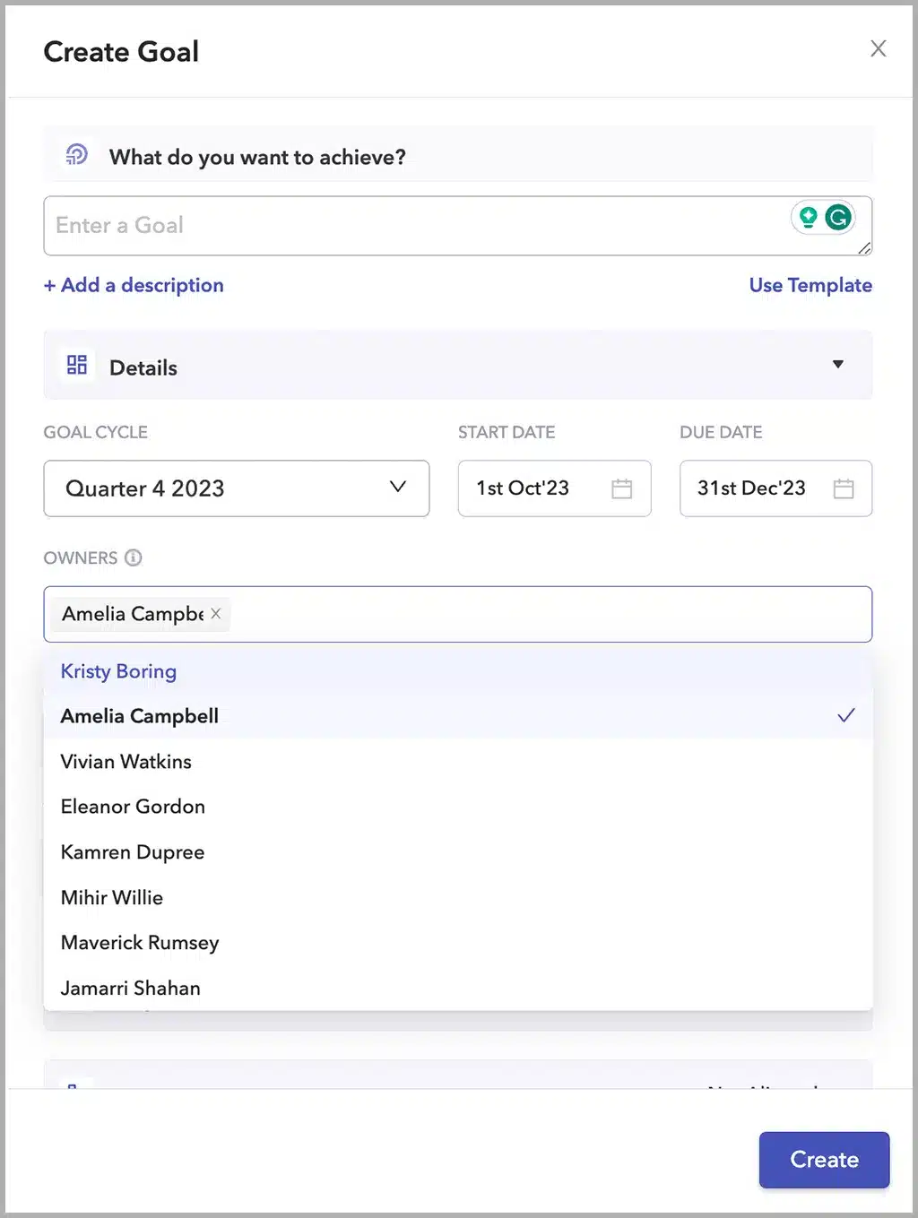 Goal creation interface in a performance management platform showing fields for entering goal name, description, goal cycle, start date, and due date, with options to use a template.