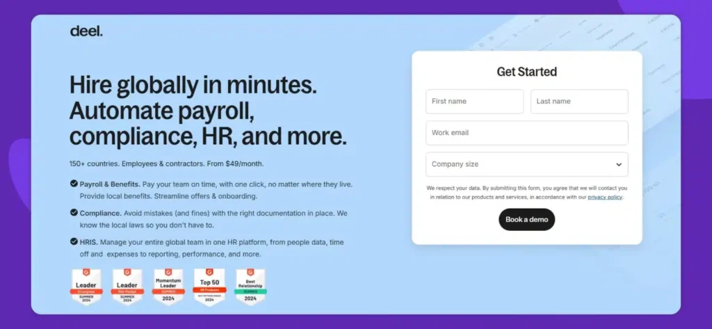 Deel simplifies global employment with automated compliance, international payments, and hiring capabilities across 150+ countries