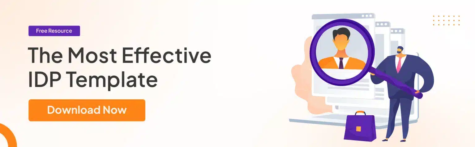 Banner advertising a free resource for "The Most Effective IDP Template," featuring an illustration of a person in a suit using a large magnifying glass to examine a profile on a computer screen.