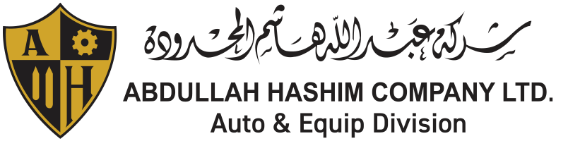Official logo of Abdullah Hashim Company Ltd. Auto and Equip Division, featuring a gold and black shield emblem with initials next to Arabic calligraphy and English typography.