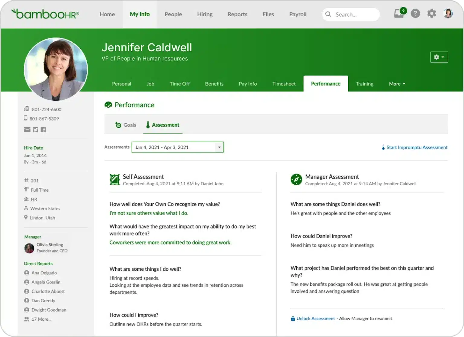 BambooHR performance assessment interface showing self and manager assessments.