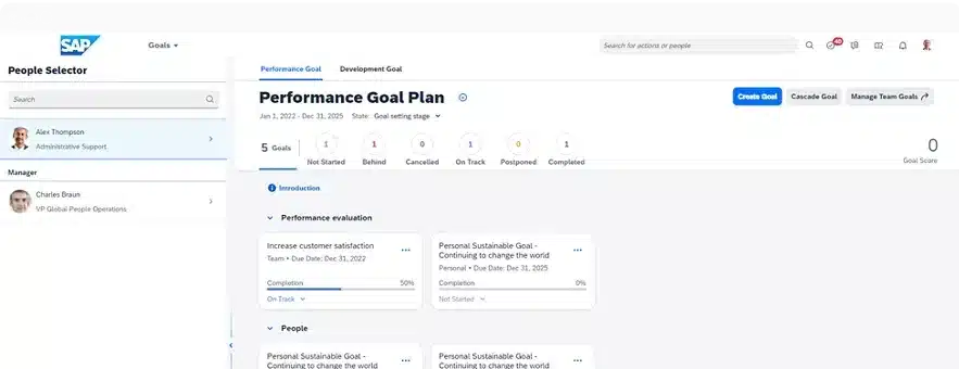 SAP performance goal plan interface, showing options to manage team goals, cascade goals, and create goals. The interface displays performance evaluations, including details on increasing customer satisfaction and personal sustainable goals.